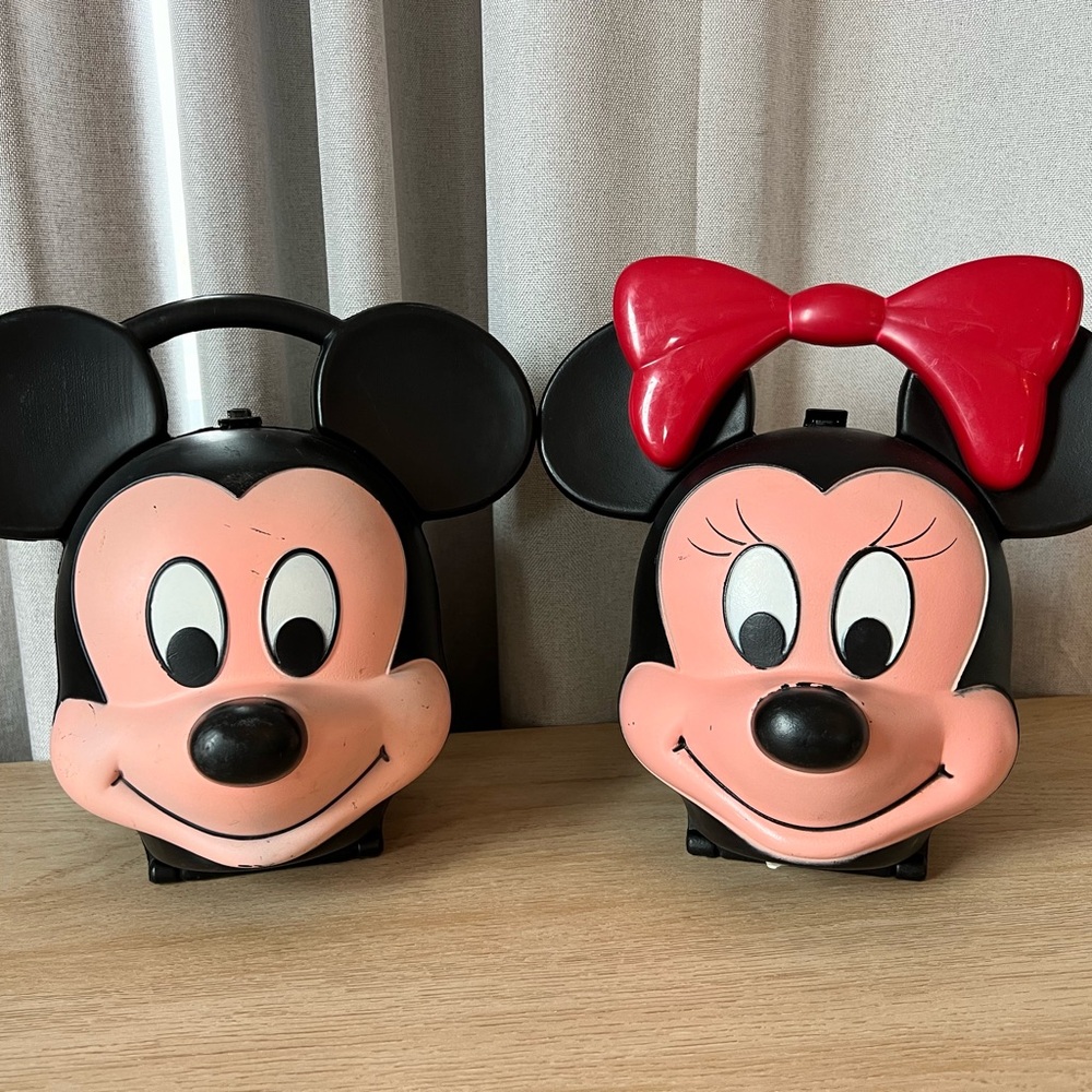 Vintage 80’s Aladdin Disney Mickey and Minnie Mouse Head Lunch Boxes